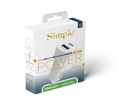 Simple 20w Usb-C/Usb-A Combo Car Charger - White