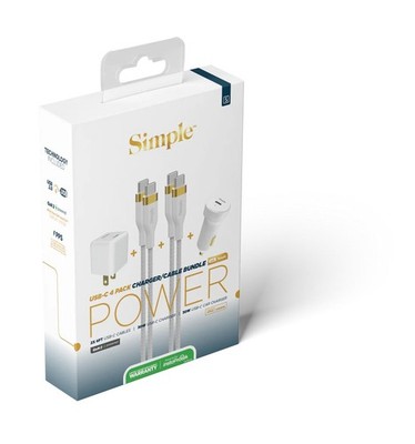 Simple Usb-C 4 Pack Charger/Cable Bundle, Includes 30w Car Charger, 2 6' Usb-C Cables, & 30w Wall Charger