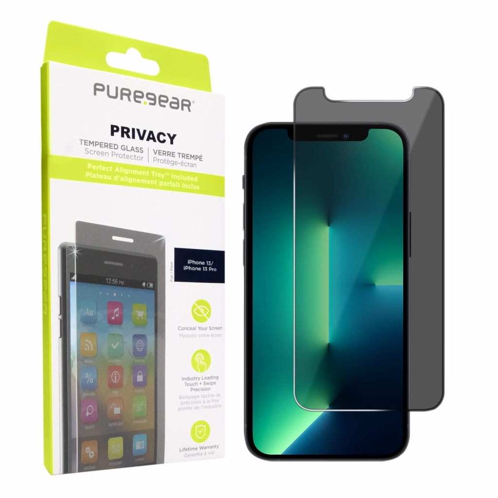 Puregear 2-Way Privacy Tempered Glass Screen Protector Compatible W/ Apple Iphone 13 / 13 Pro 6.1" (2021), Self Alignment Installation Tray, Touch Sensitive, Case Friendly, Anti-Fingerprint Coating, Lifetime Replacement, Protect Your Privacy Conceal Your Screen