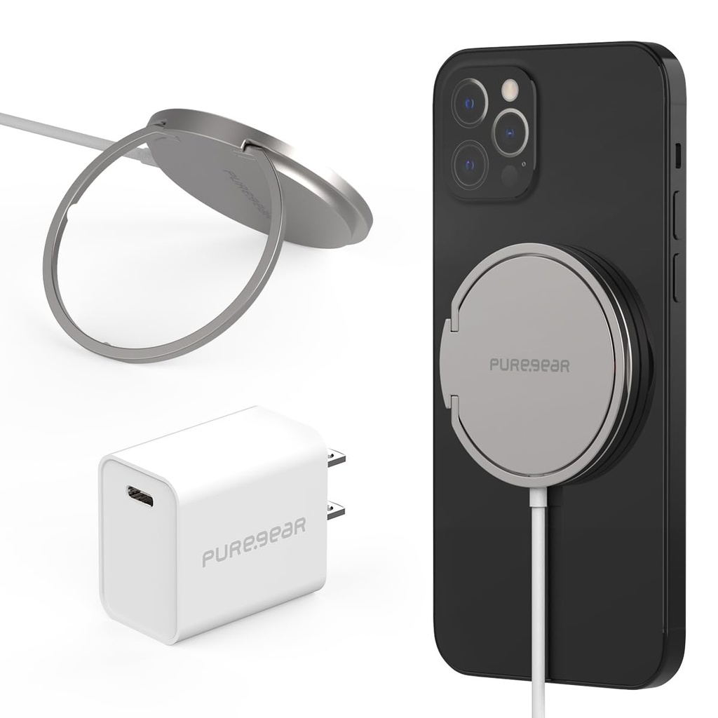 Puregear Kickstand 15w Qi-Certified Fast Magnetic Wireless Charging Pad For Iphone 15/15pro/15promax/14/13/12 Series Work With Magsafe Case, Airpods/Iphone 11, Galaxy S24 S20 & More Include Ac Adapter