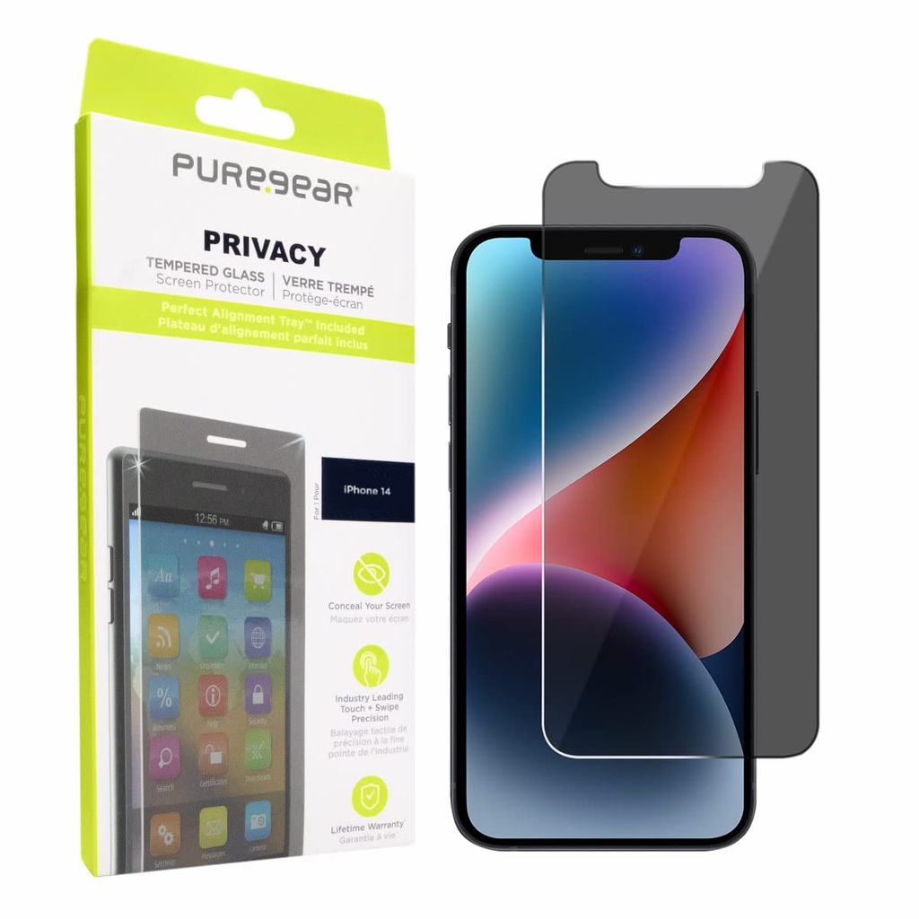 Puregear 2-Way Privacy Tempered Glass Screen Protector Compatible W/ Apple Iphone 14 (2022) 6.1", Self Alignment Installation Tray, Touch Sensitive, Case Friendly, Anti-Fingerprint Coating, Lifetime