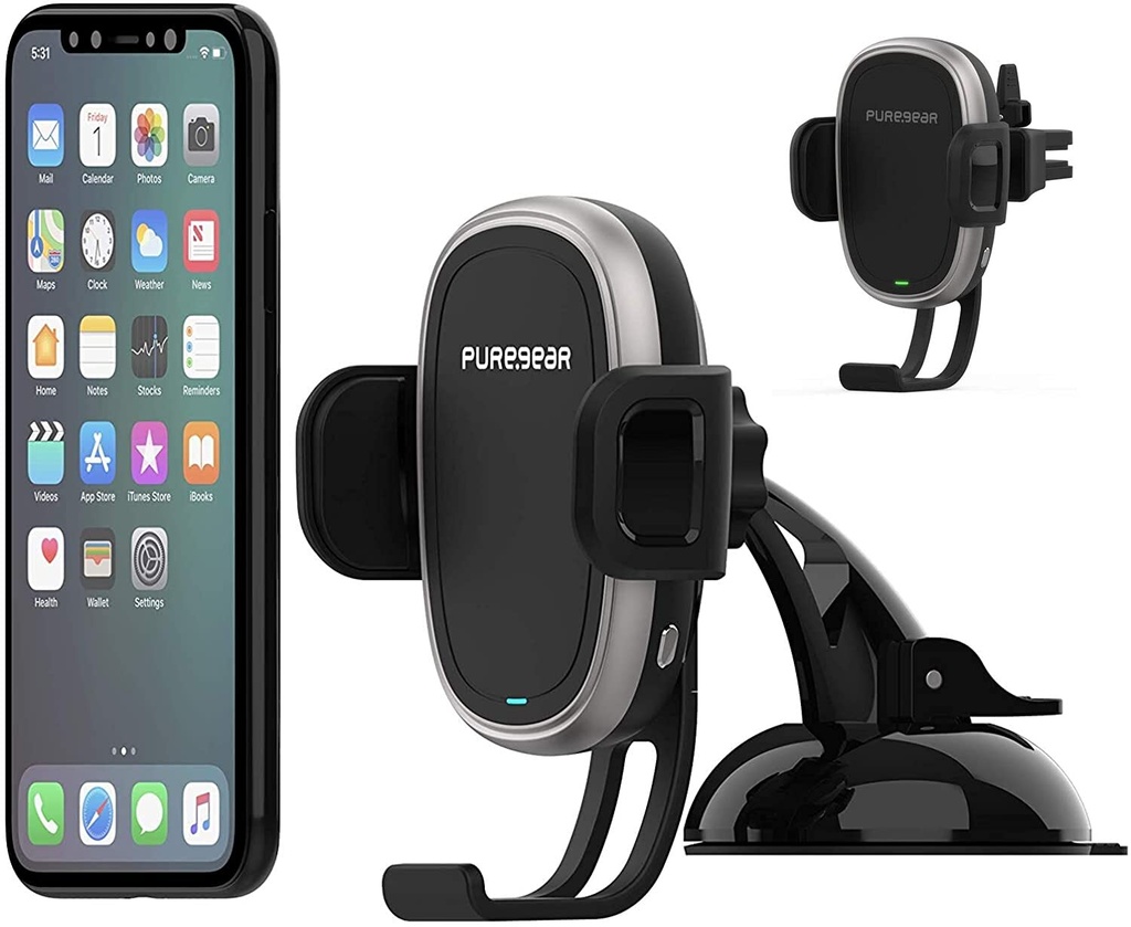 Puregear Autogrip 7.5w/10w Qi-Certified Wireless Car Charger, Self-Gripping System, 3ft. Usb-C Charging Cable, Air Vent Clip + Dash Mount, For Qi Enabled Phone - Iphone 13/12, Galaxy S21/20, & More