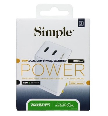 [810135812313] Simple (60w) Dual Usb-C Gan Powered Folding Wall Charger