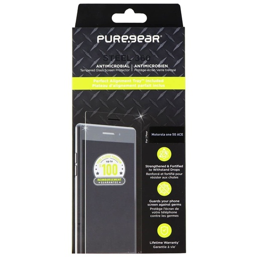[810032997342] Puregear Steel 360 Tempered Glass + Install Tray For Motorola One 5g Ace - Clear