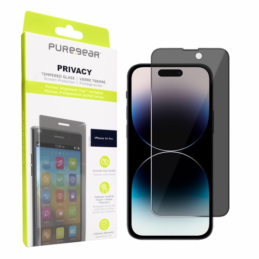 [810096253583] Puregear 2-Way Privacy Tempered Glass Screen Protector Compatible W/ Apple Iphone 14 Pro (2022) 6.1", Full Edge-To-Edge Coverage, Self Alignment Installation Tray, Touch Sensitive, Case Friendly, Anti-Fingerprint Coating, Lifetime Replacement, Protect Your Privacy, Conceal Your Screen