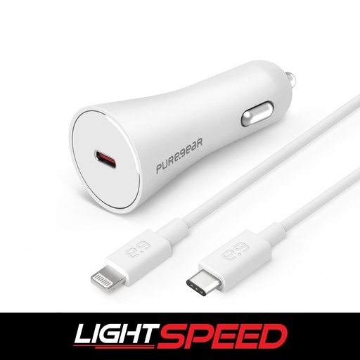 [810032996062] Puregear Lightspeed - 20w Single Usb-C Pd Car Charger + Lightning To Usb-C Cable -White